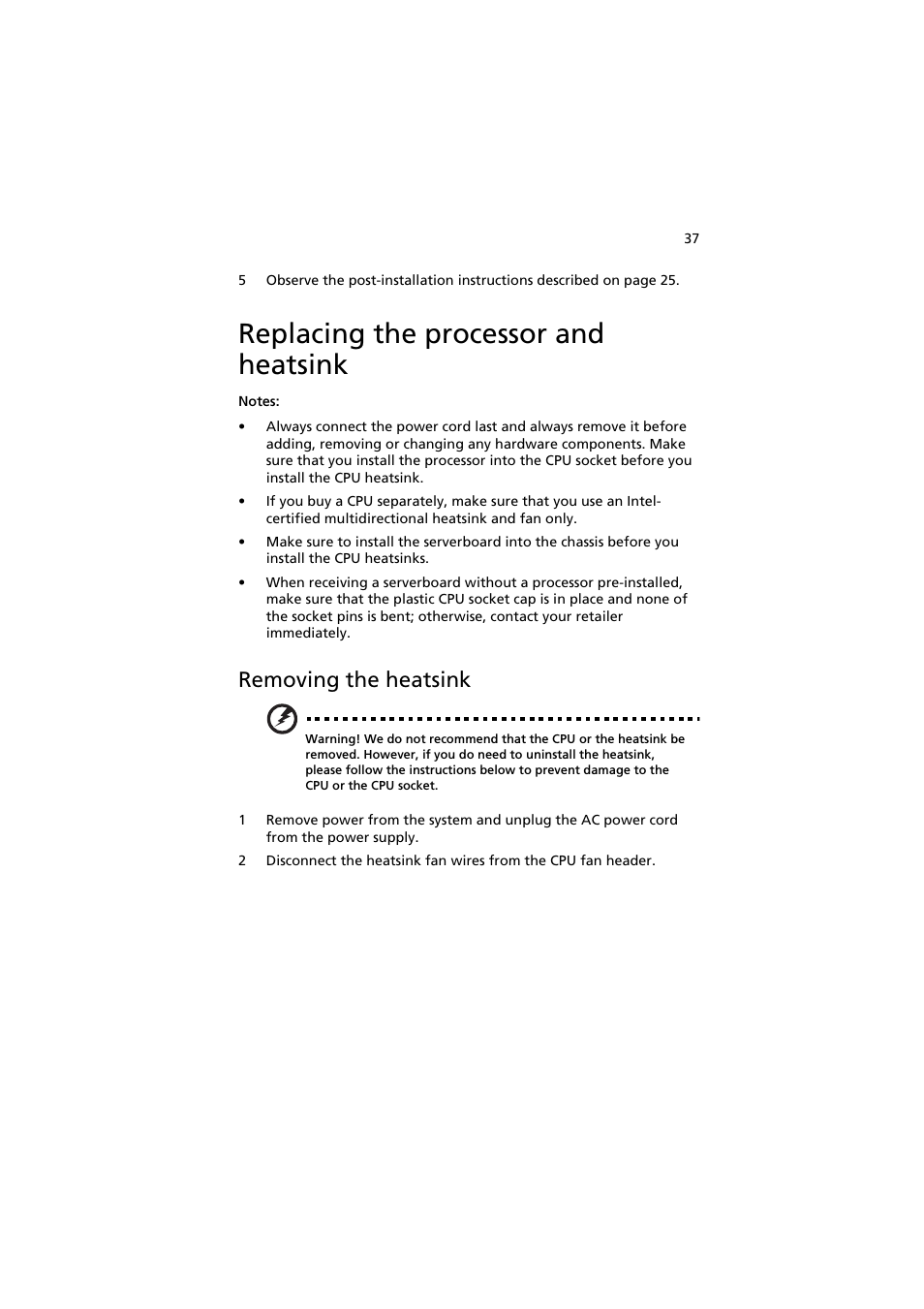 Replacing the processor and heatsink, Removing the heatsink | Acer AR160 F1 User Manual | Page 53 / 162