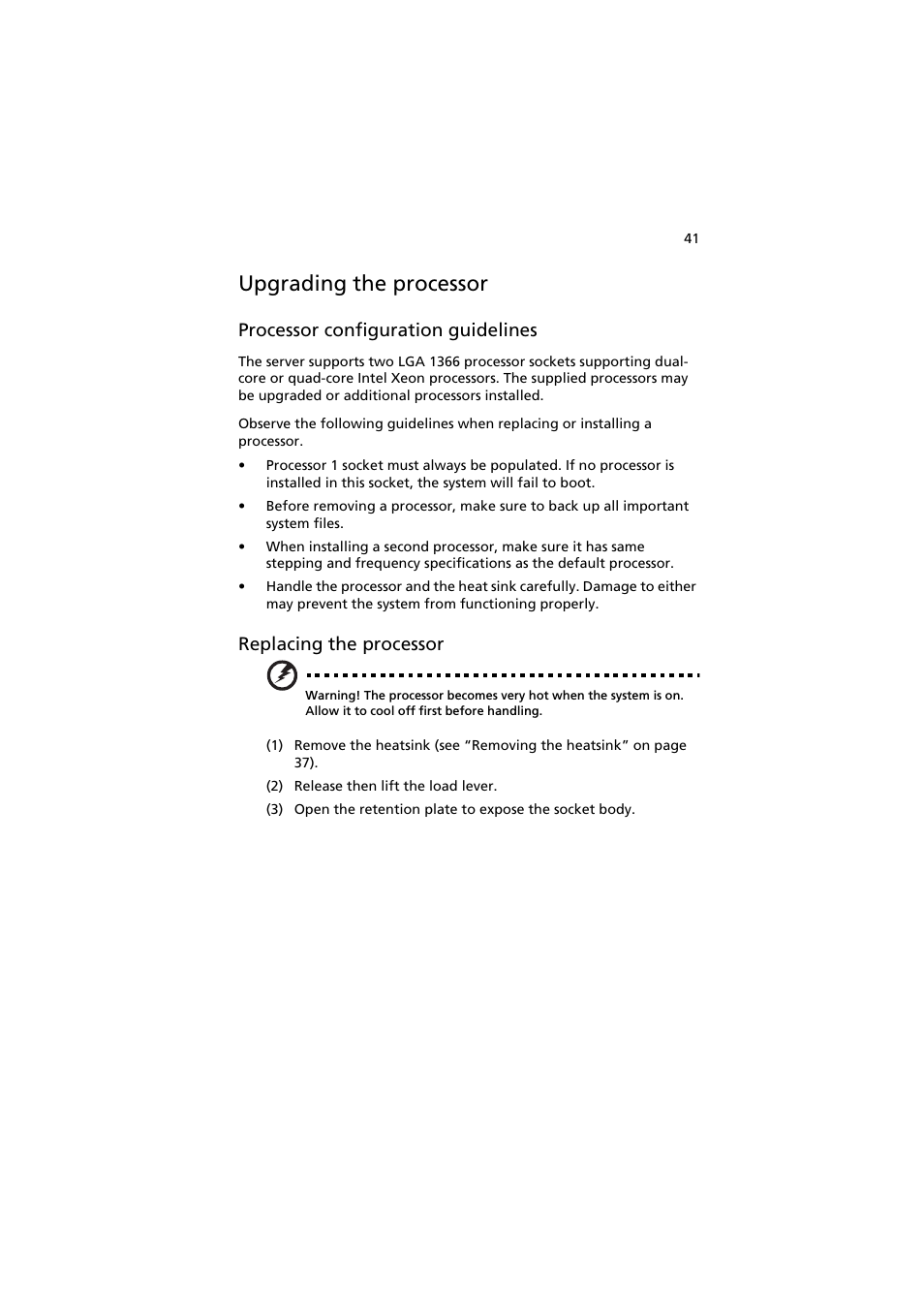 Upgrading the processor, Processor configuration guidelines, Replacing the processor | Acer AR160 F1 User Manual | Page 57 / 162