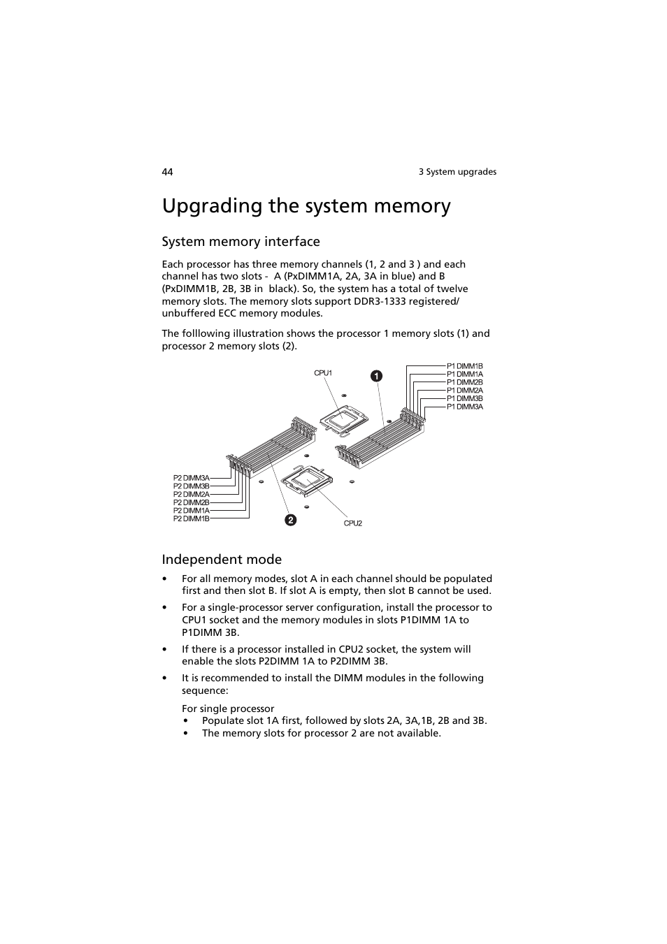 Upgrading the system memory, Independent mode | Acer AR160 F1 User Manual | Page 60 / 162