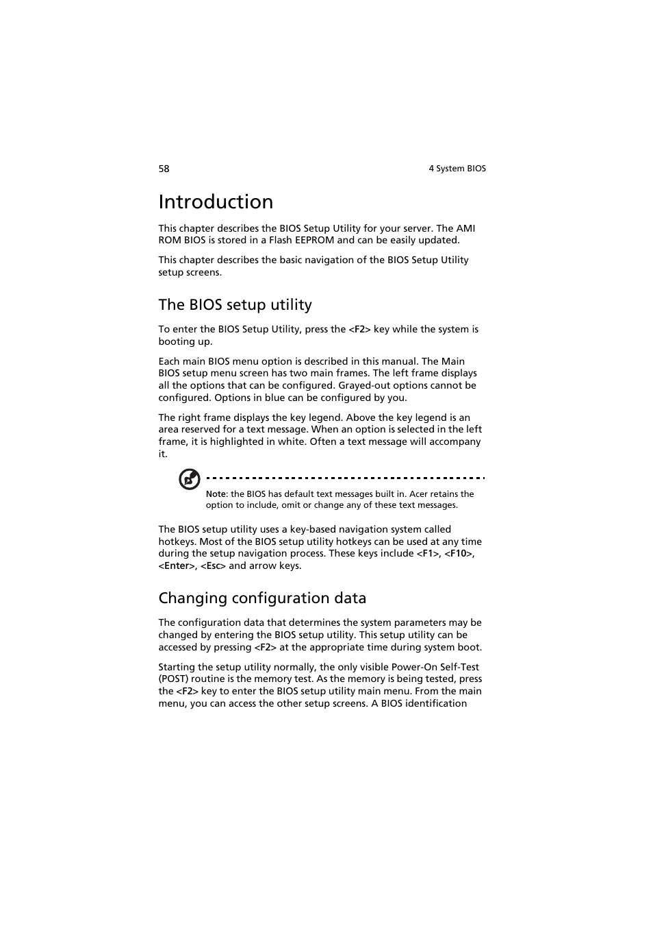 Introduction, The bios setup utility, Changing configuration data | Acer AR160 F1 User Manual | Page 74 / 162