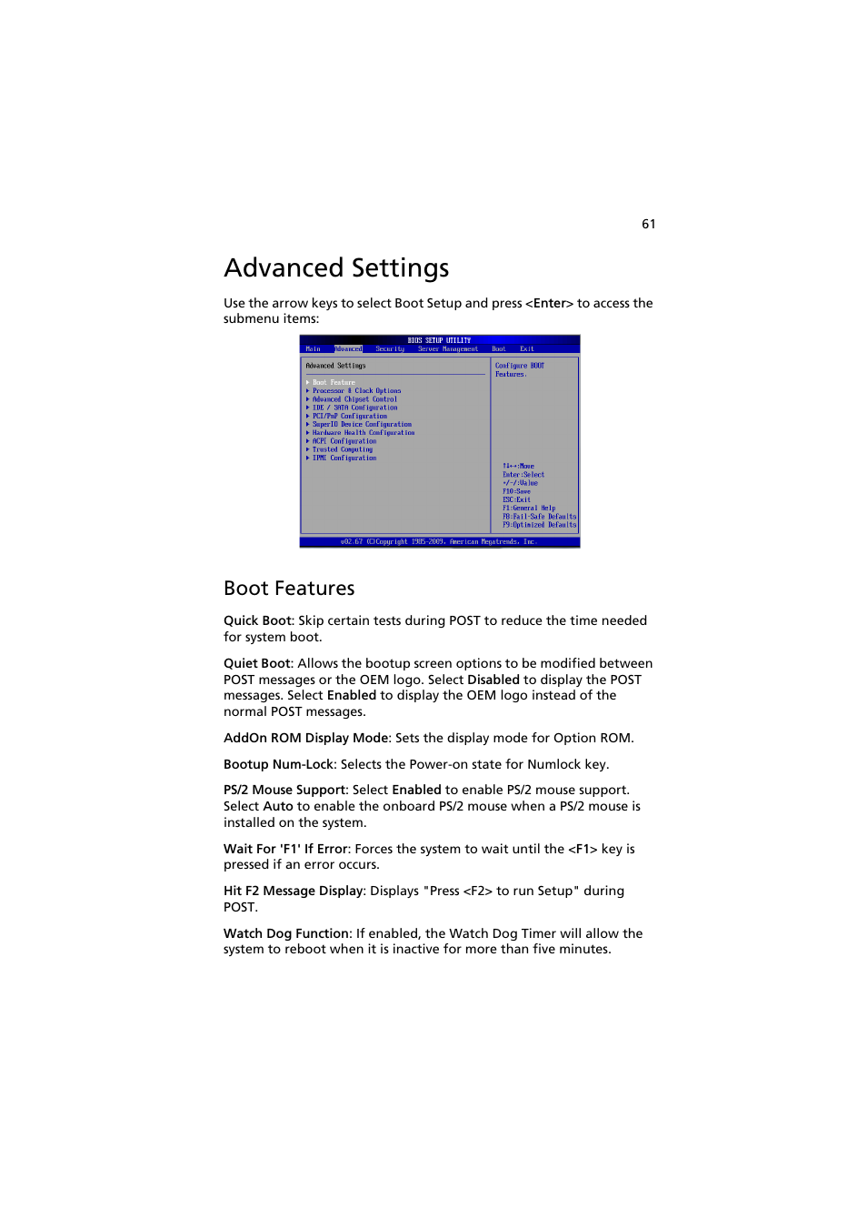 Advanced settings, Boot features | Acer AR160 F1 User Manual | Page 77 / 162