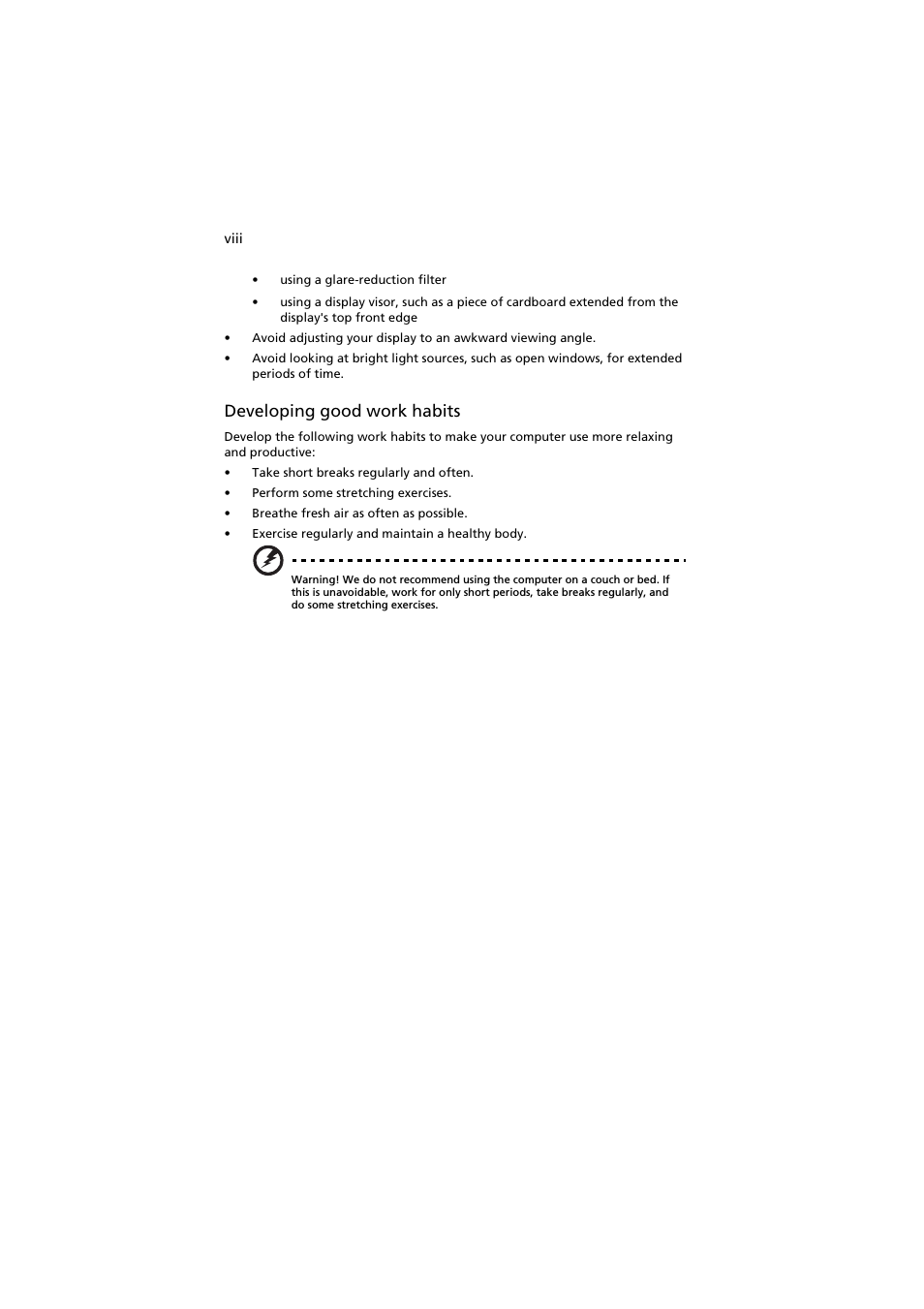 Developing good work habits | Acer AR160 F1 User Manual | Page 8 / 162