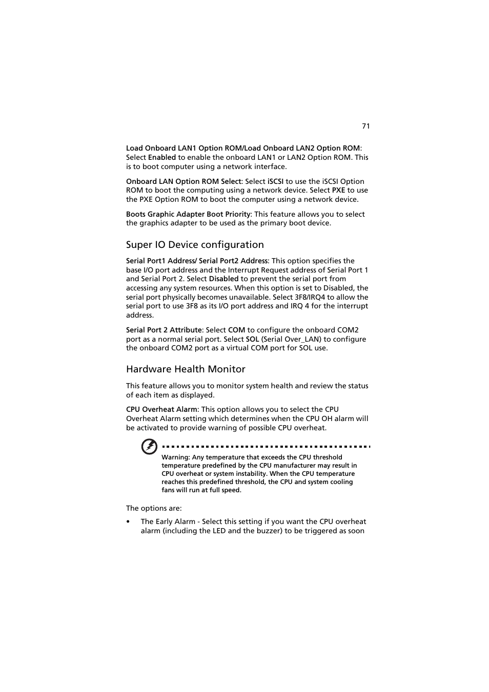 Super io device configuration, Hardware health monitor | Acer AR160 F1 User Manual | Page 87 / 162