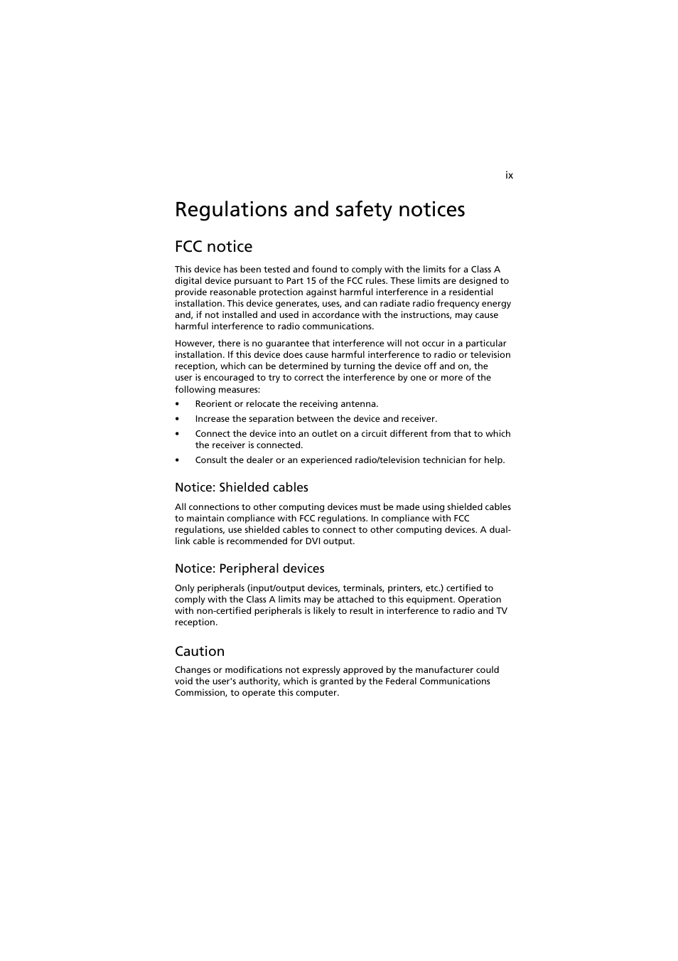 Regulations and safety notices, Fcc notice, Caution | Acer AR160 F1 User Manual | Page 9 / 162