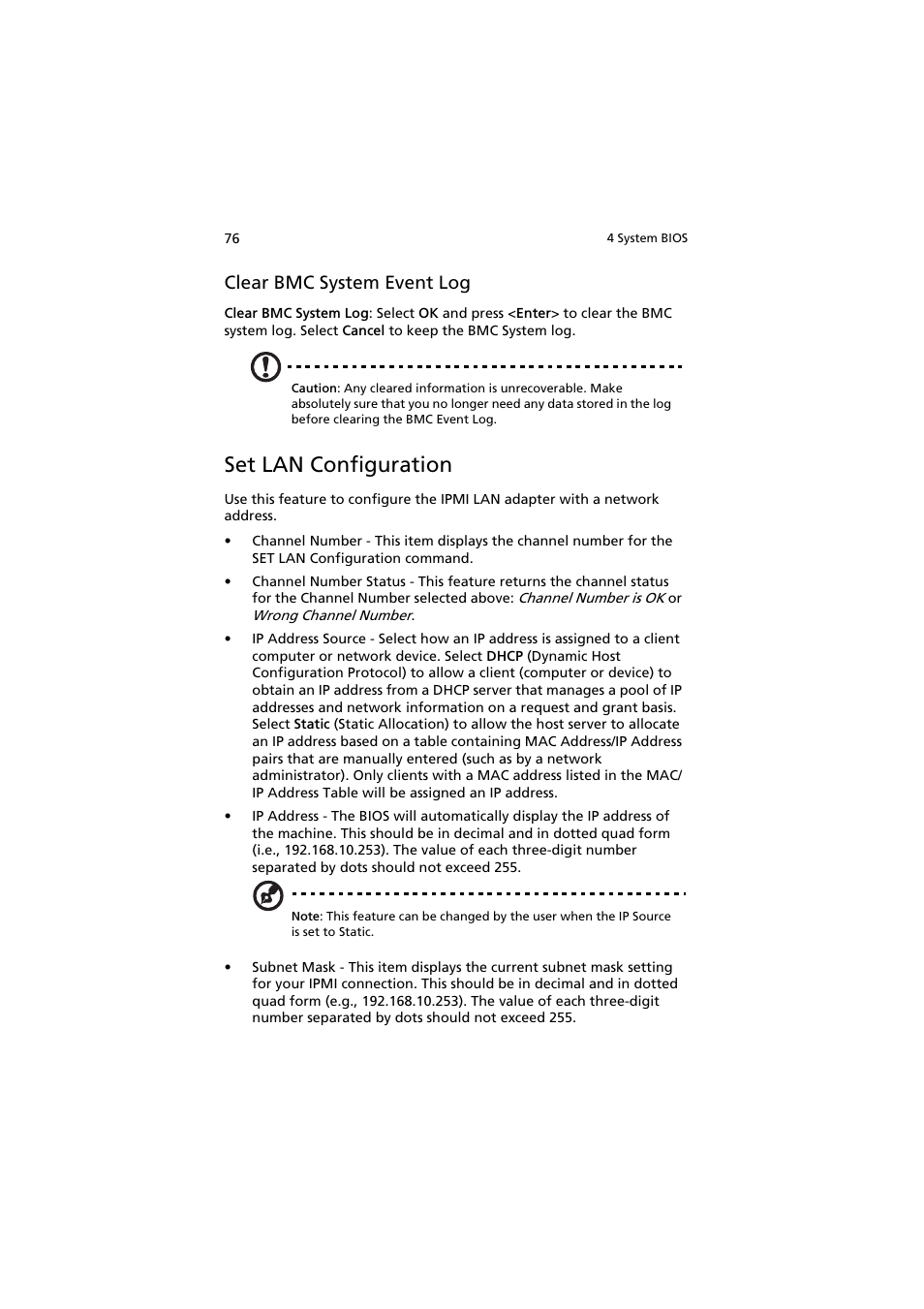 Set lan configuration, Clear bmc system event log | Acer AR160 F1 User Manual | Page 92 / 162