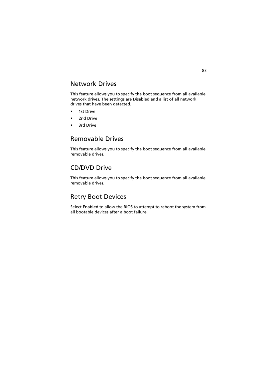 Network drives, Removable drives, Cd/dvd drive | Retry boot devices | Acer AR160 F1 User Manual | Page 99 / 162