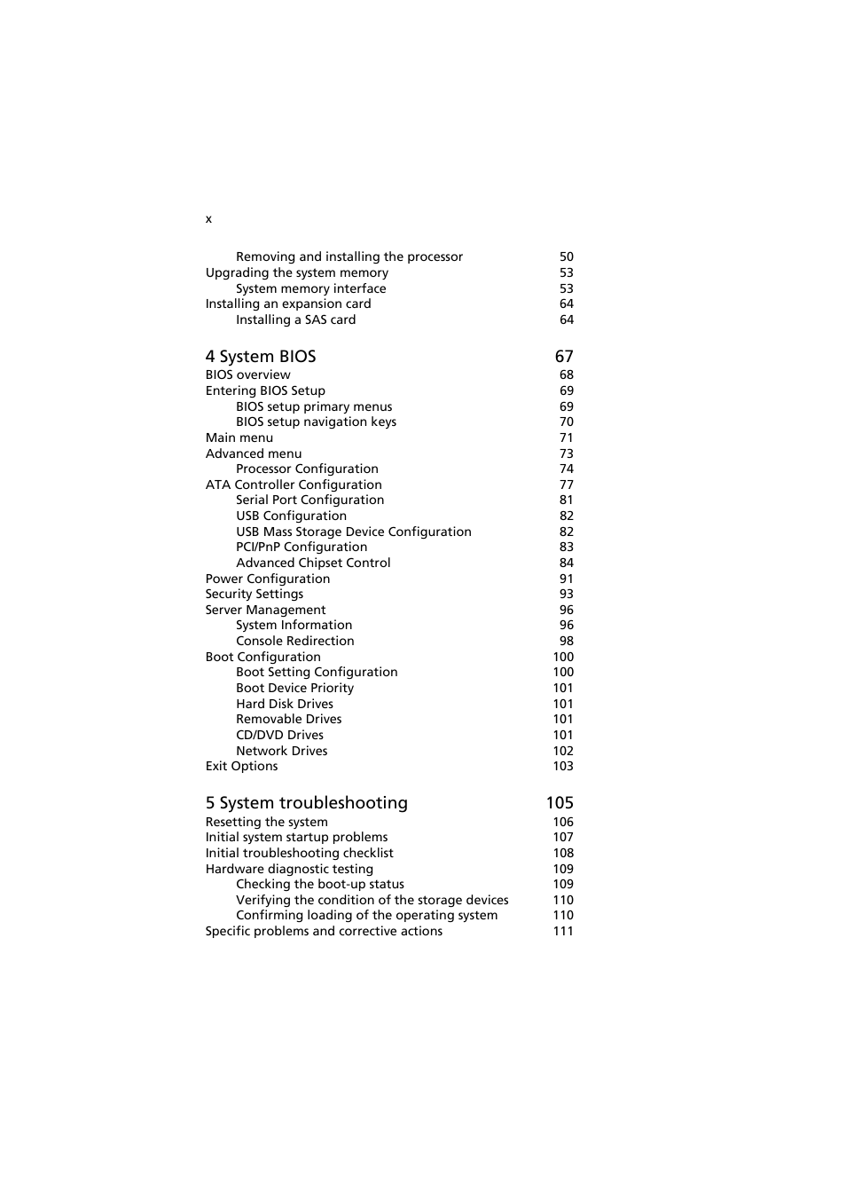 4 system bios 67, 5 system troubleshooting 105 | Acer AT350 F1 User Manual | Page 10 / 184