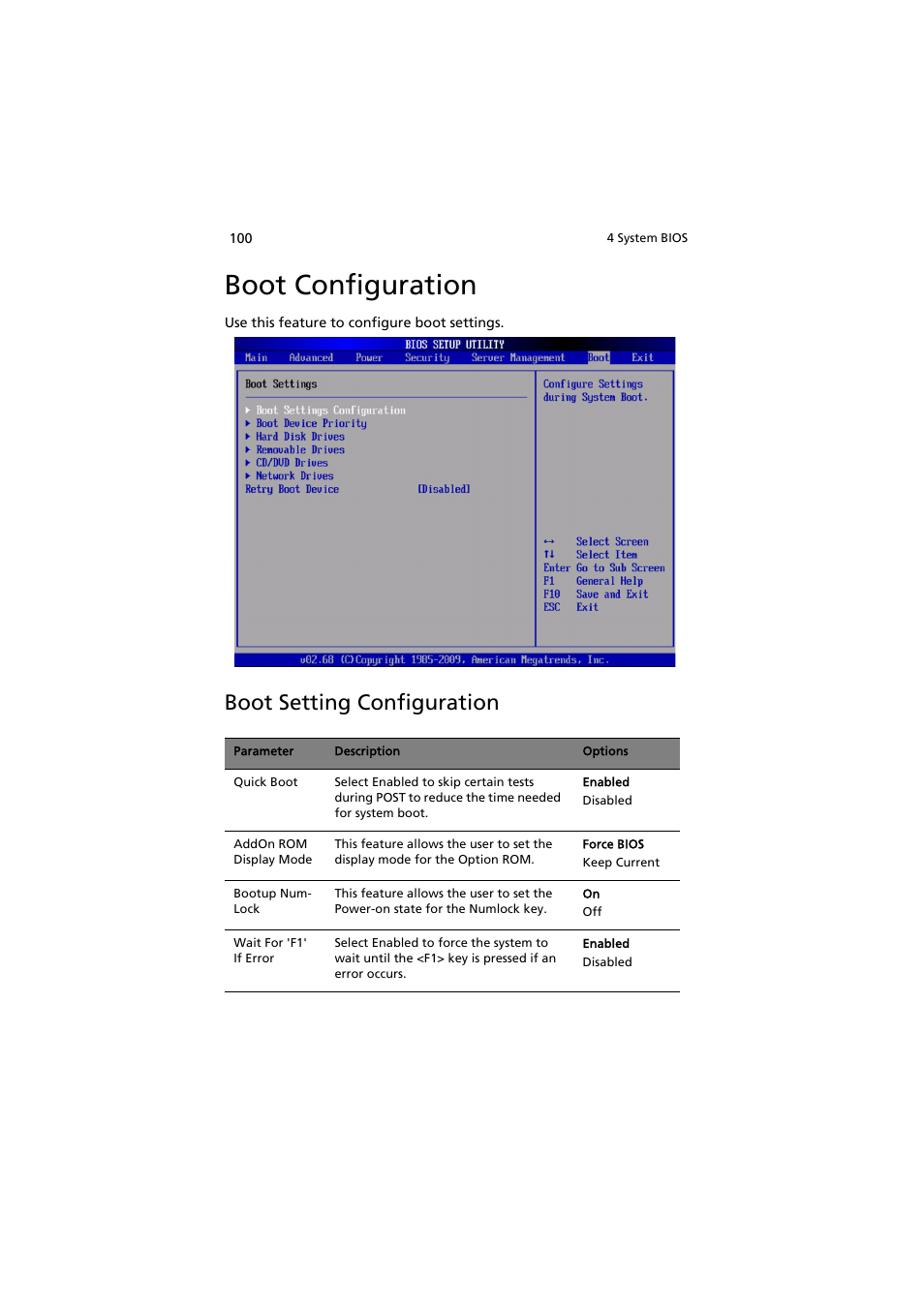 Boot configuration, Boot setting configuration | Acer AT350 F1 User Manual | Page 112 / 184