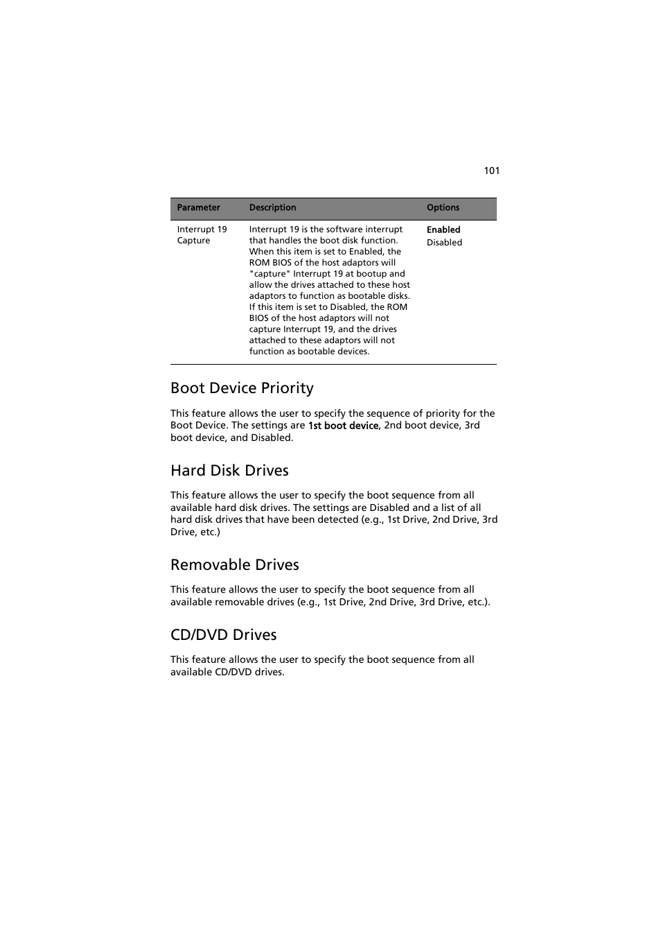 Boot device priority, Hard disk drives, Removable drives | Cd/dvd drives | Acer AT350 F1 User Manual | Page 113 / 184