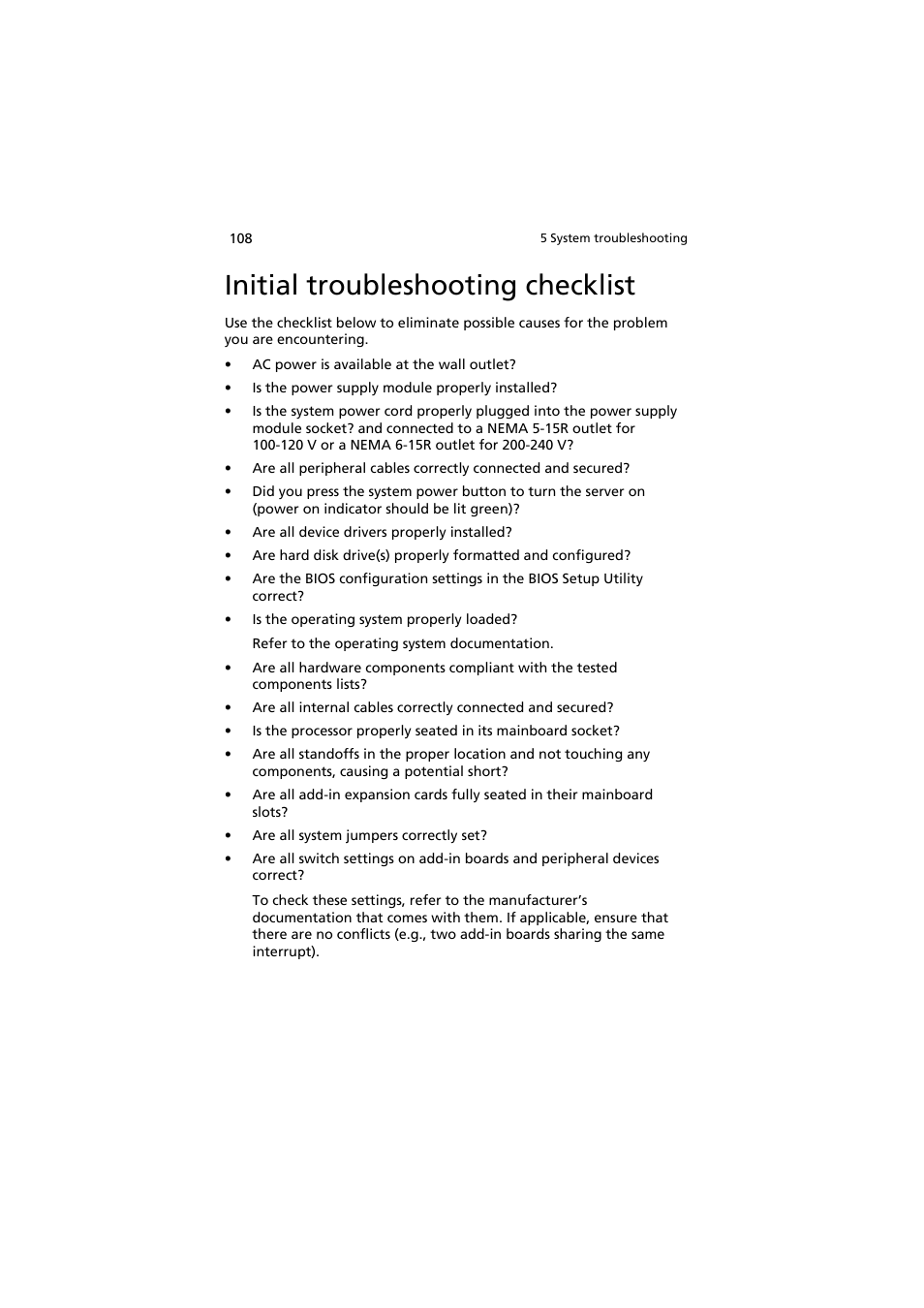 Initial troubleshooting checklist | Acer AT350 F1 User Manual | Page 120 / 184