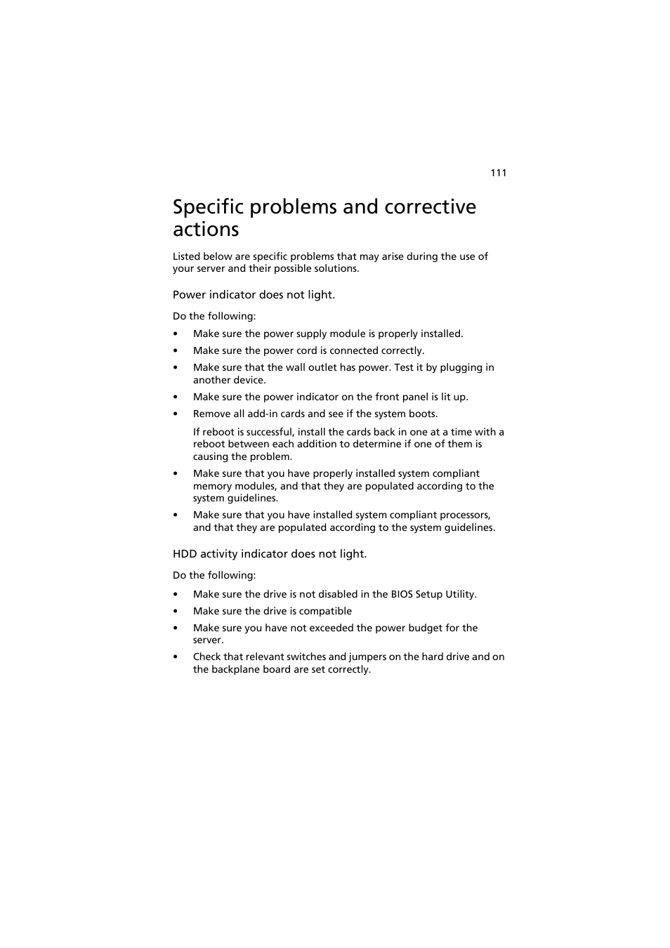 Specific problems and corrective actions | Acer AT350 F1 User Manual | Page 123 / 184