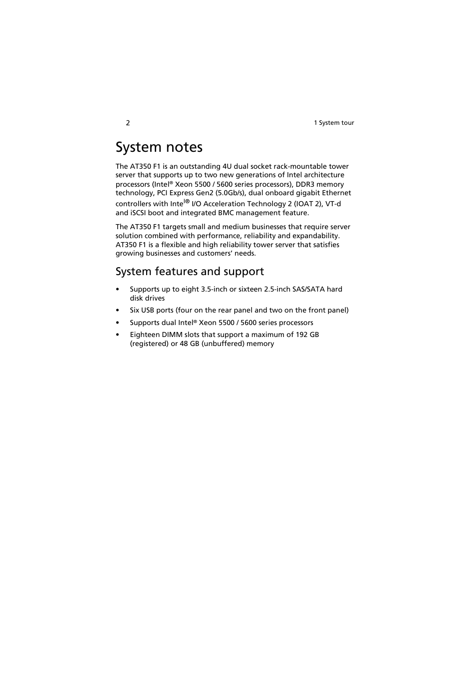 System notes, System features and support | Acer AT350 F1 User Manual | Page 14 / 184