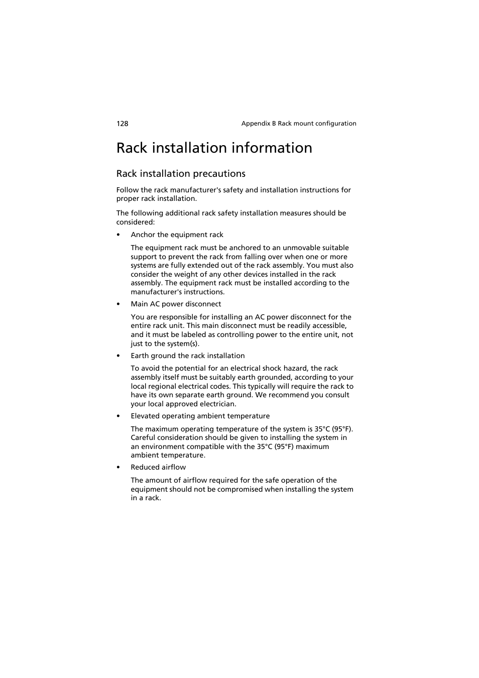 Rack installation information, Rack installation precautions | Acer AT350 F1 User Manual | Page 140 / 184