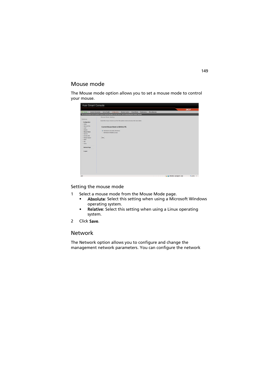 Mouse mode, Network | Acer AT350 F1 User Manual | Page 161 / 184