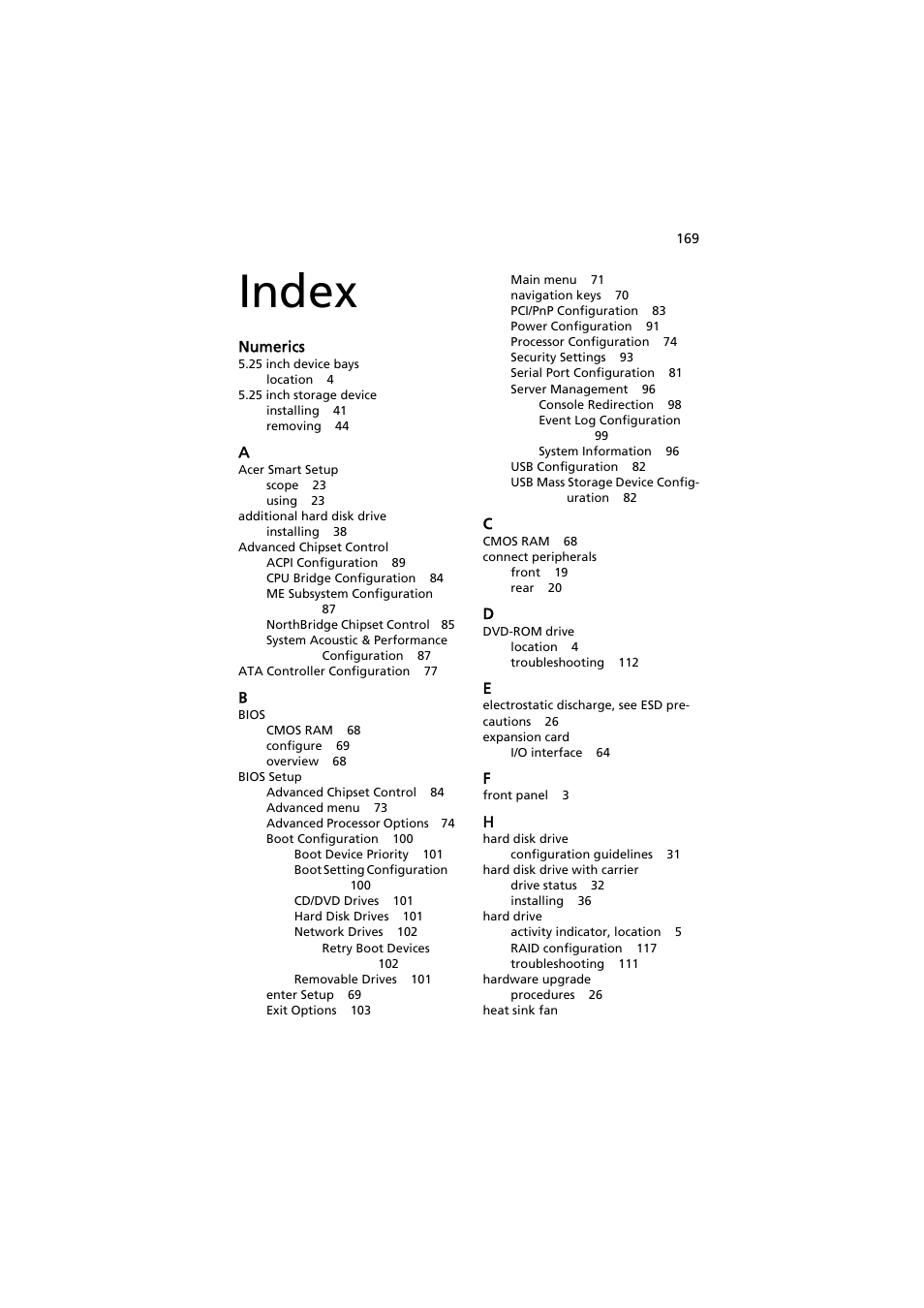 Index, Index 169 | Acer AT350 F1 User Manual | Page 181 / 184
