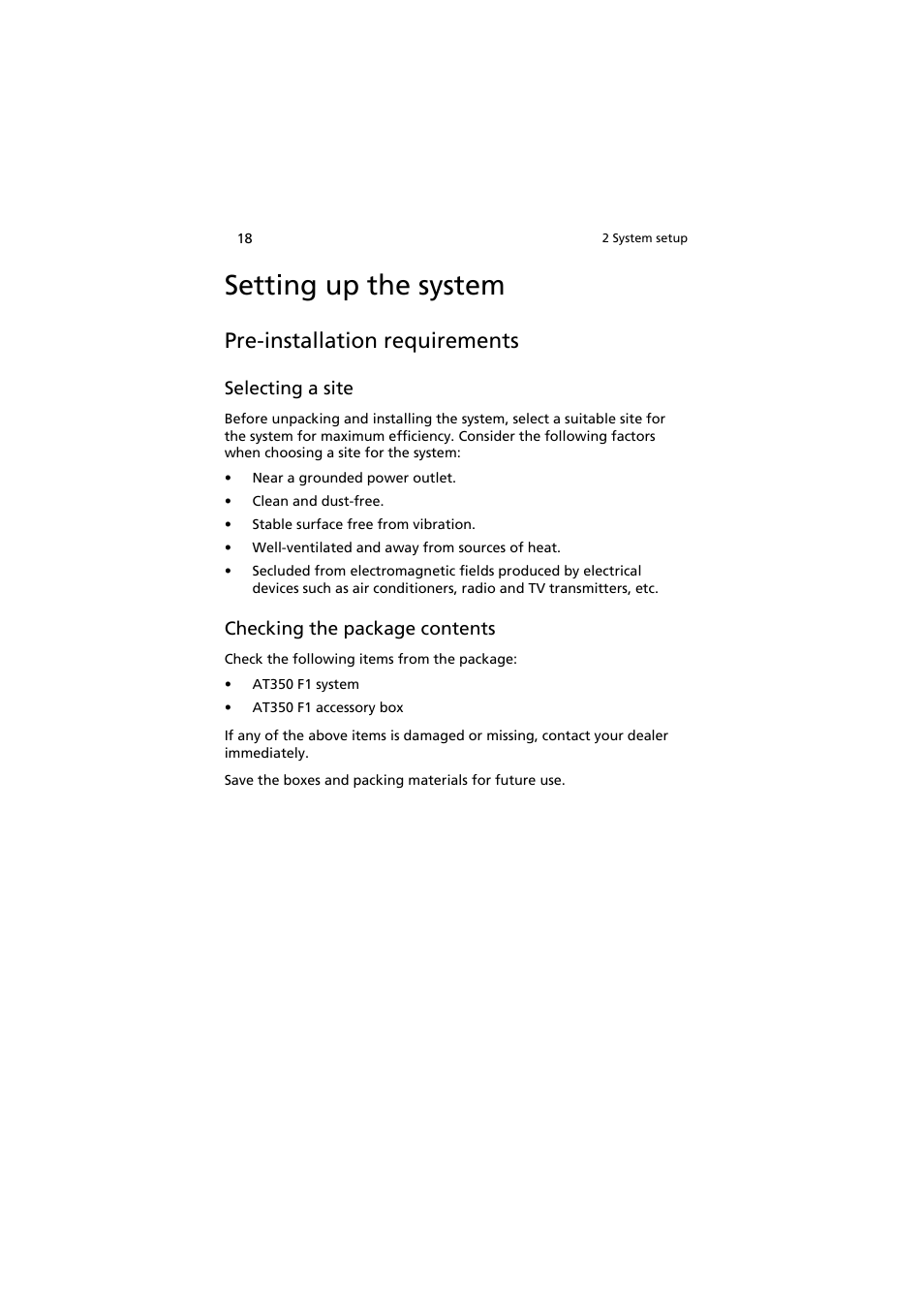 Setting up the system, Pre-installation requirements, Selecting a site | Checking the package contents | Acer AT350 F1 User Manual | Page 30 / 184