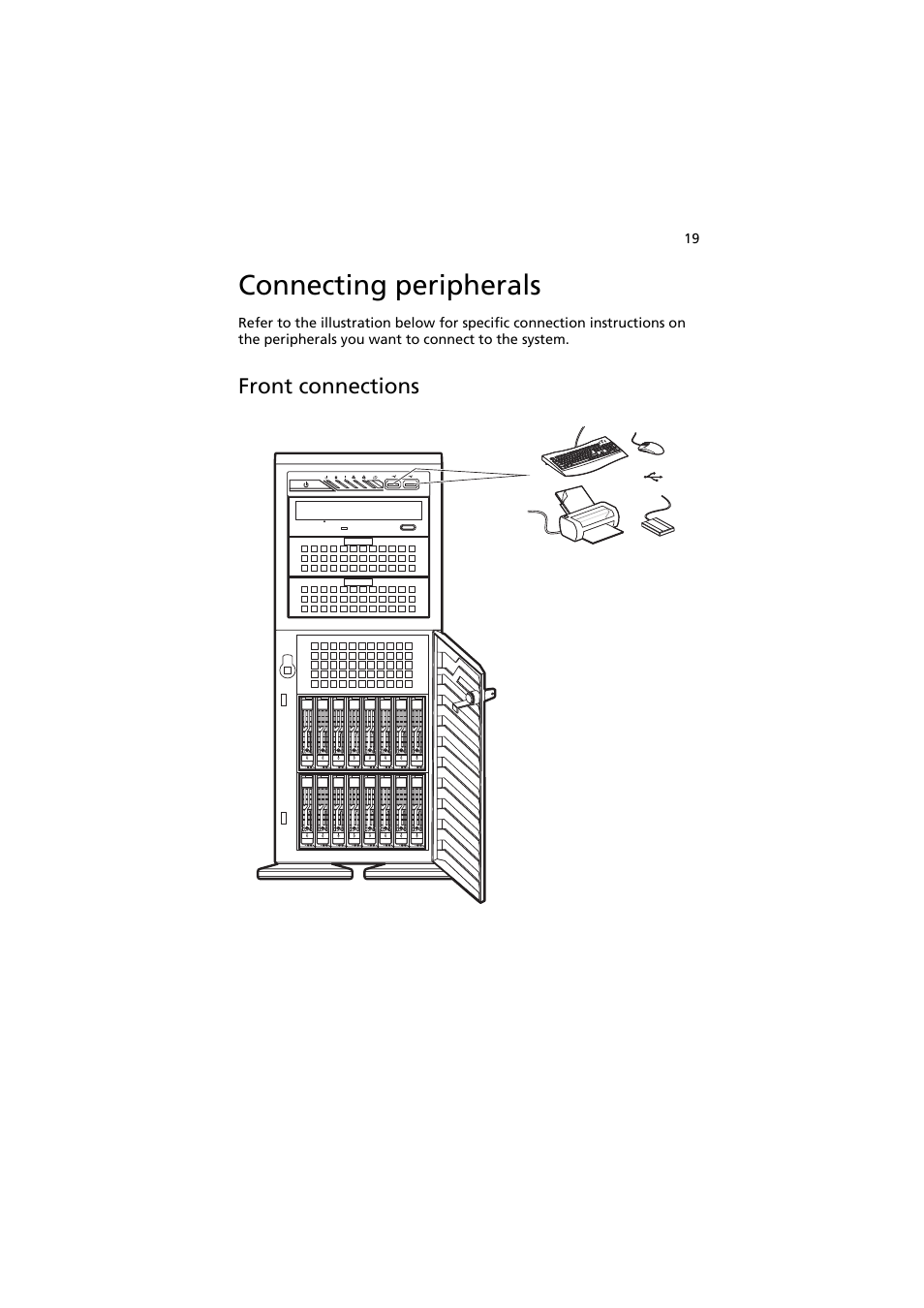 Connecting peripherals, Front connections | Acer AT350 F1 User Manual | Page 31 / 184