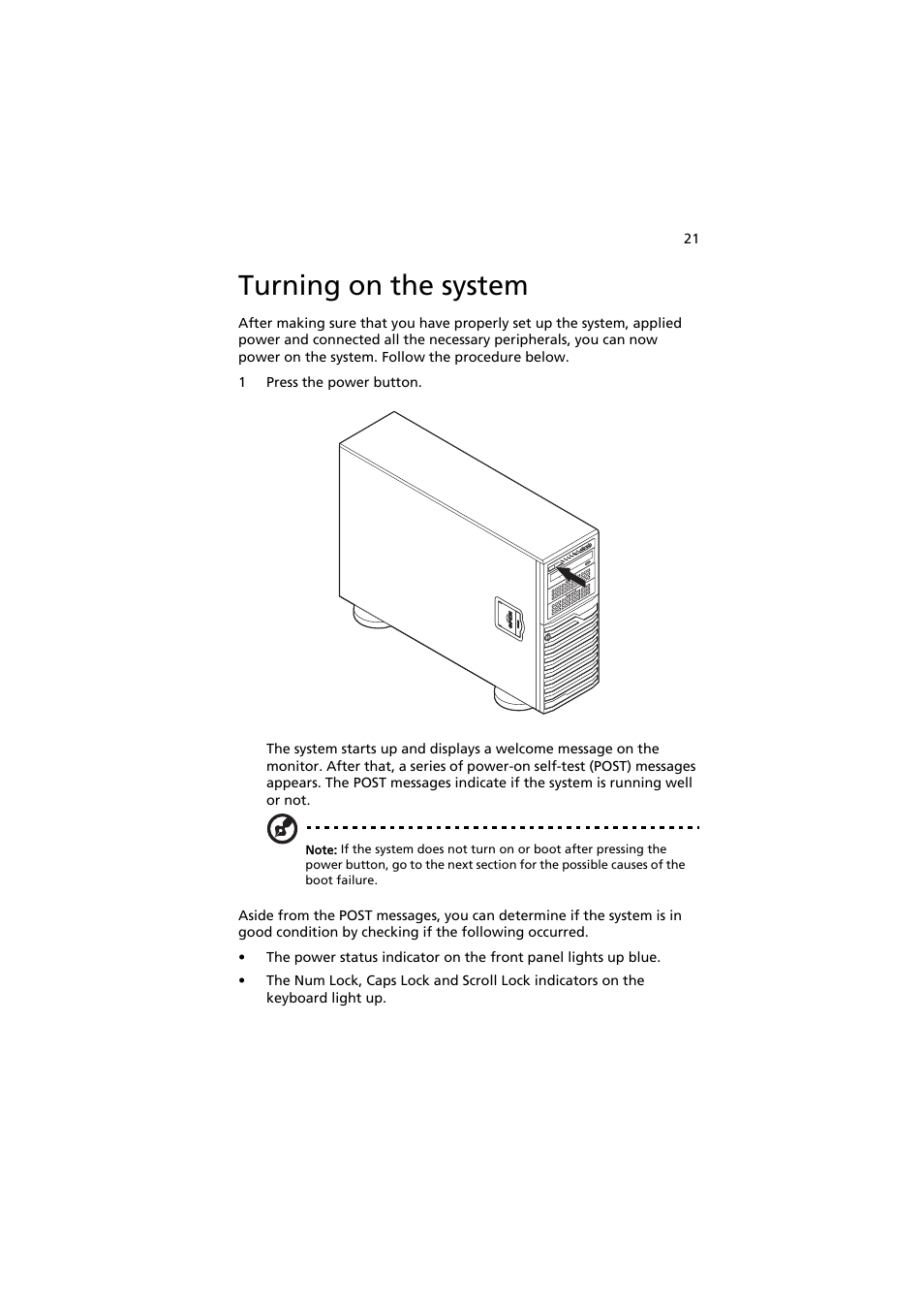 Turning on the system | Acer AT350 F1 User Manual | Page 33 / 184