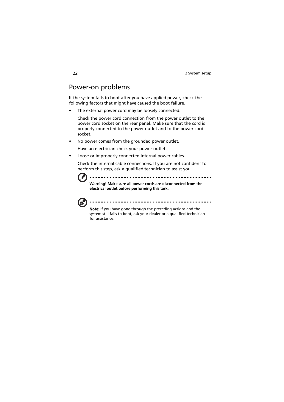 Power-on problems | Acer AT350 F1 User Manual | Page 34 / 184