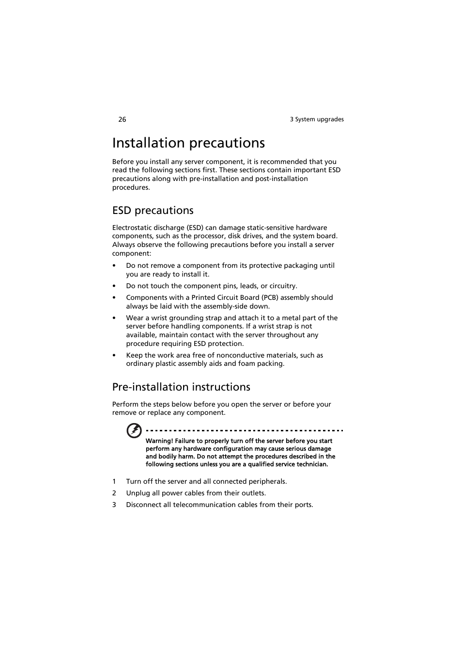 Installation precautions, Esd precautions, Pre-installation instructions | Pre-installation instructions 26 | Acer AT350 F1 User Manual | Page 38 / 184