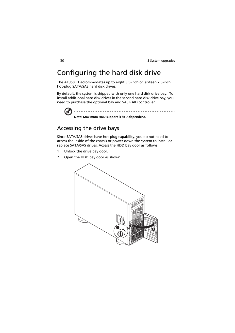 Configuring the hard disk drive, Accessing the drive bays | Acer AT350 F1 User Manual | Page 42 / 184