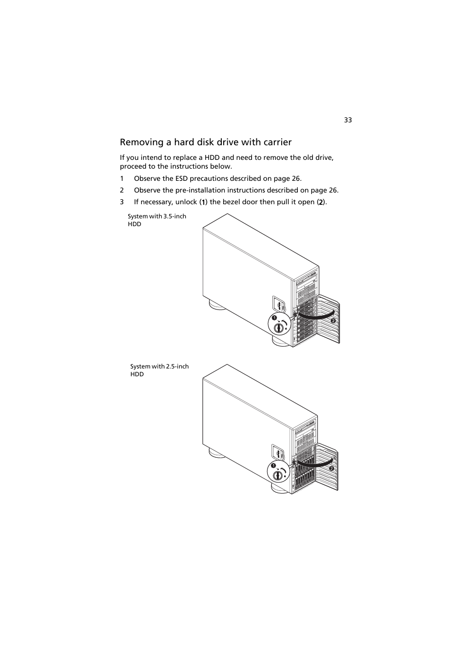 Removing a hard disk drive with carrier | Acer AT350 F1 User Manual | Page 45 / 184