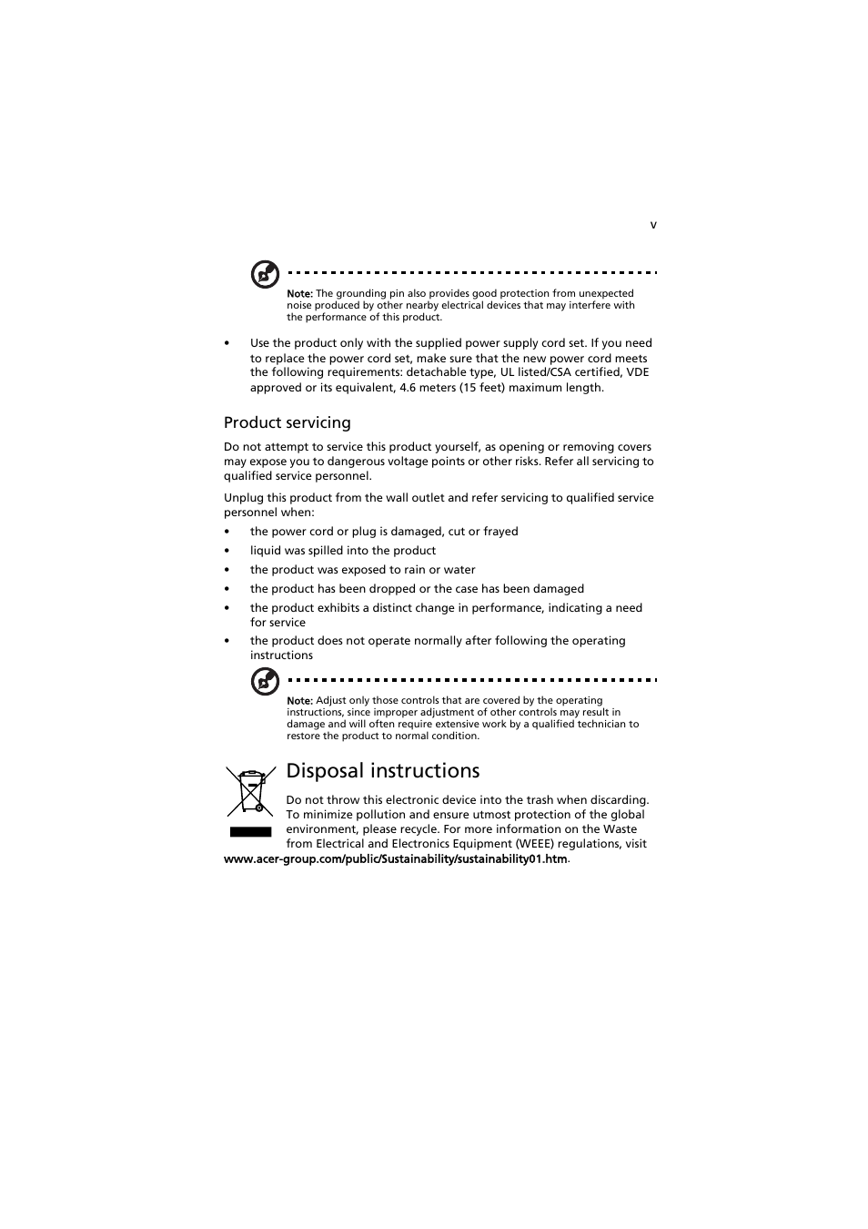 Disposal instructions, Product servicing | Acer AT350 F1 User Manual | Page 5 / 184