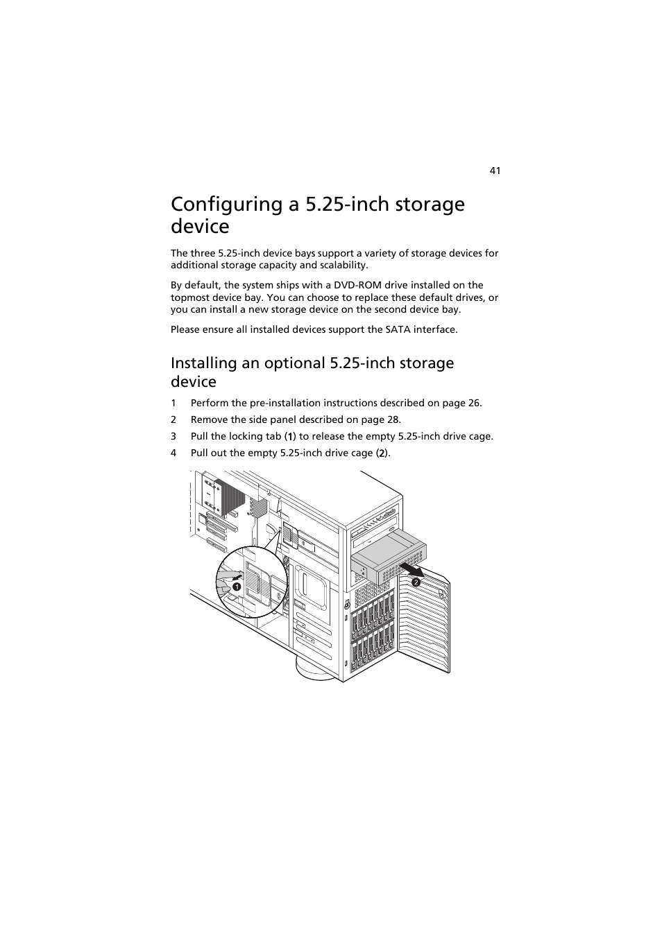 Configuring a 5.25-inch storage device, Installing an optional 5.25-inch storage device | Acer AT350 F1 User Manual | Page 53 / 184