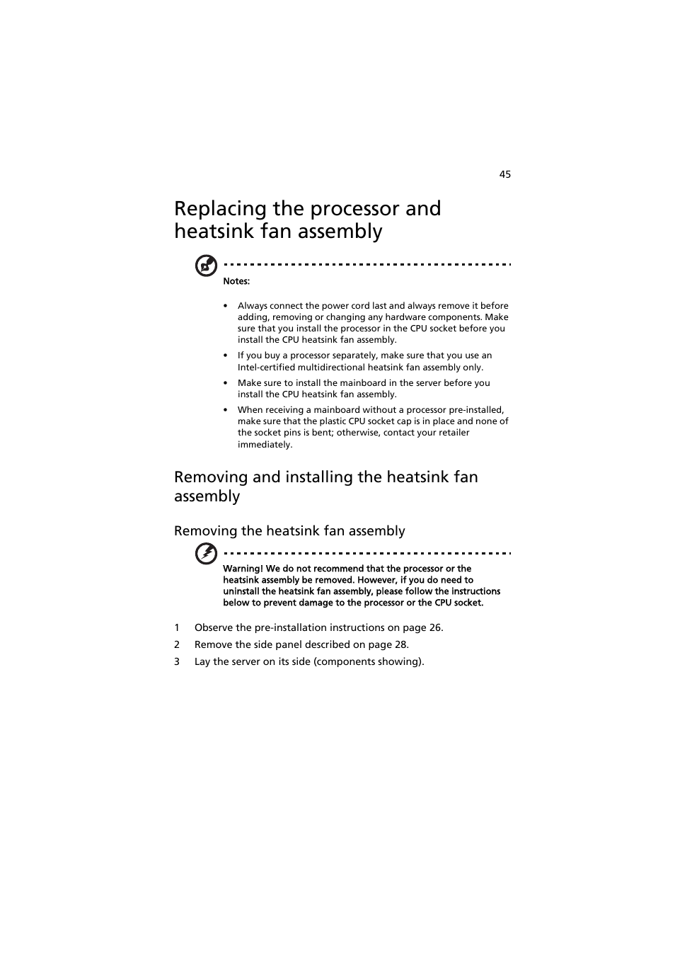 Replacing the processor and heatsink fan assembly, Removing and installing the heatsink fan assembly, Removing the heatsink fan assembly | Acer AT350 F1 User Manual | Page 57 / 184