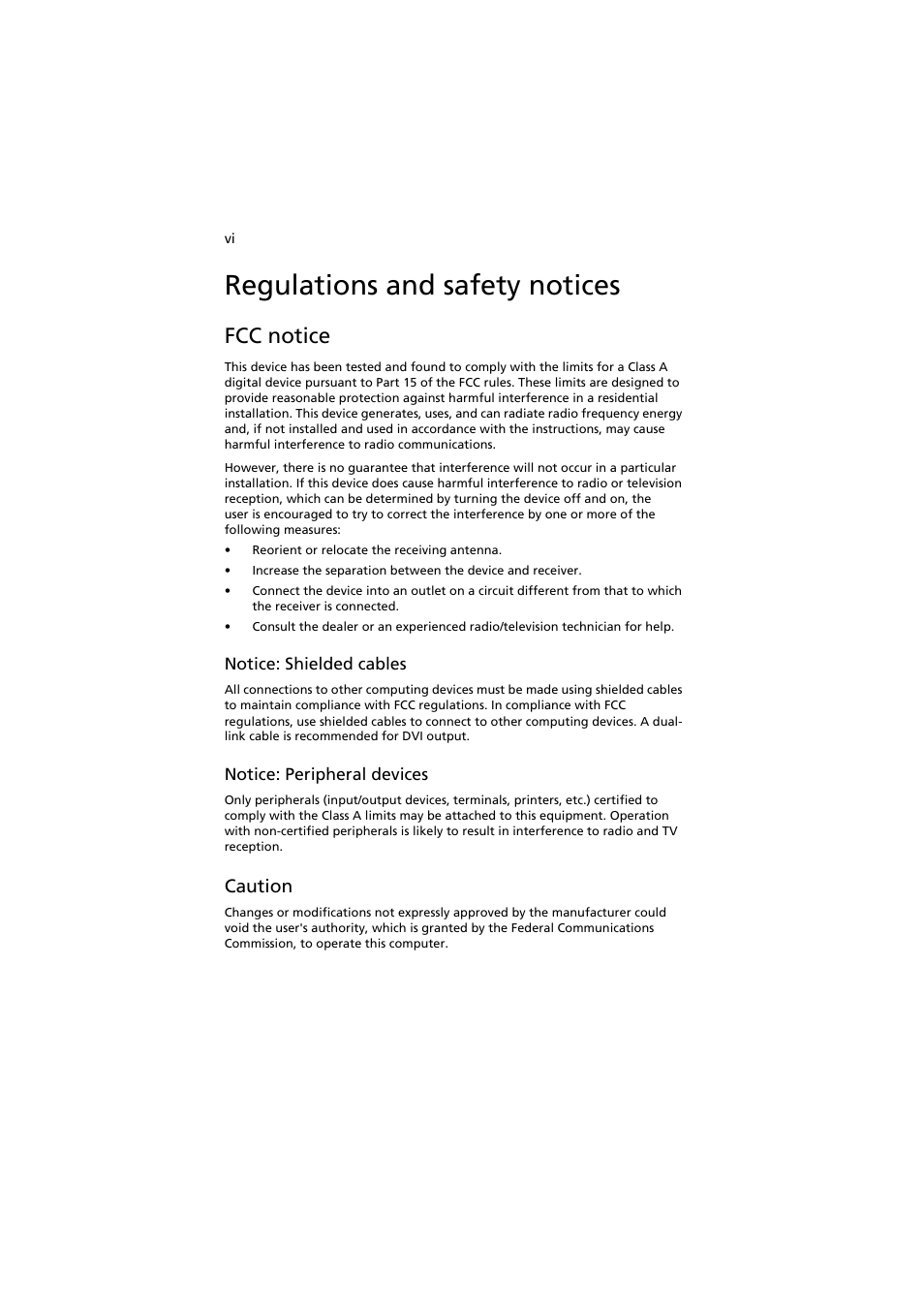 Regulations and safety notices, Fcc notice, Caution | Acer AT350 F1 User Manual | Page 6 / 184