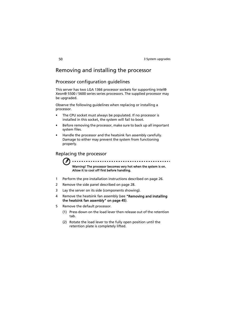 Removing and installing the processor, Processor configuration guidelines, Replacing the processor | Acer AT350 F1 User Manual | Page 62 / 184