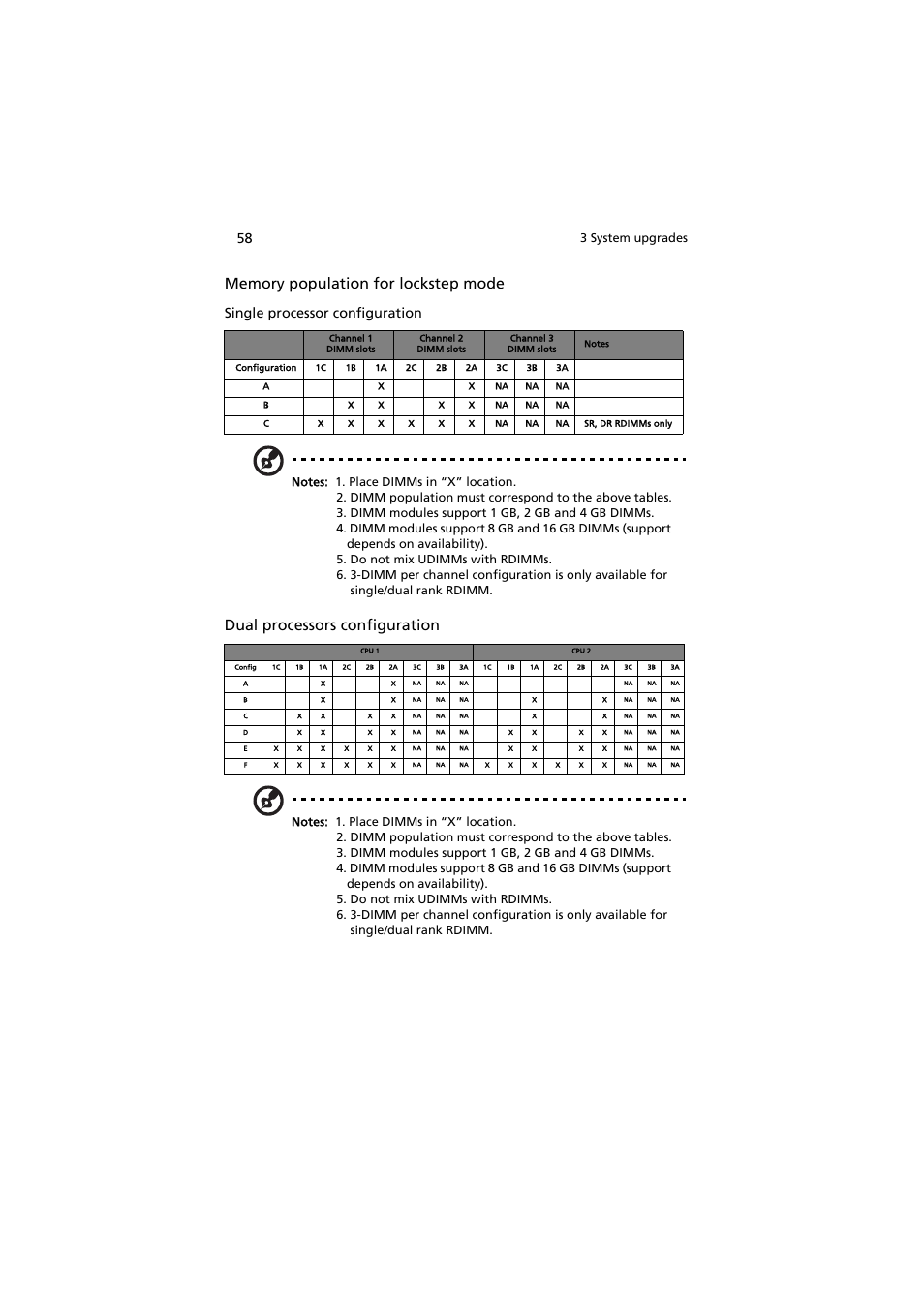 Dual processors configuration, Single processor configuration, 3 system upgrades | Acer AT350 F1 User Manual | Page 70 / 184