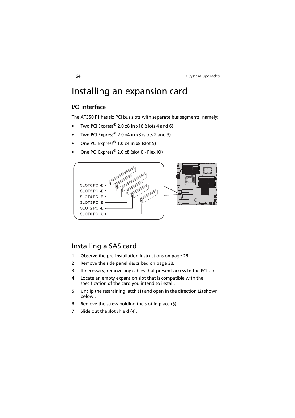 Installing an expansion card, Installing a sas card, I/o interface | Acer AT350 F1 User Manual | Page 76 / 184