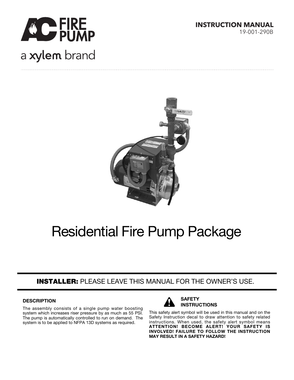 Xylem 19-001-290B Residential Fire Pump Package User Manual | 10 pages