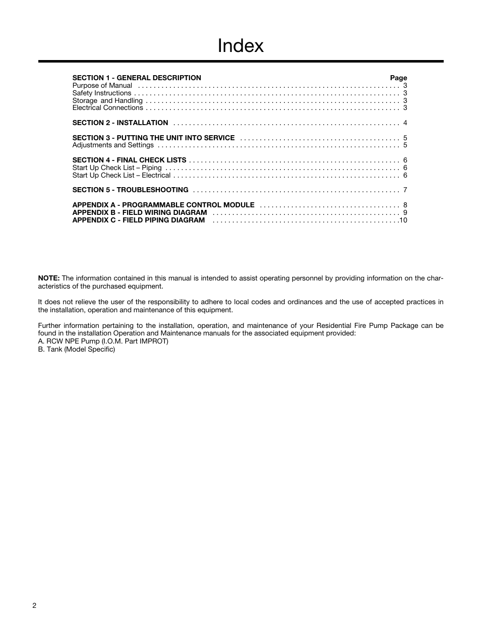 Index | Xylem 19-001-290B Residential Fire Pump Package User Manual | Page 2 / 10