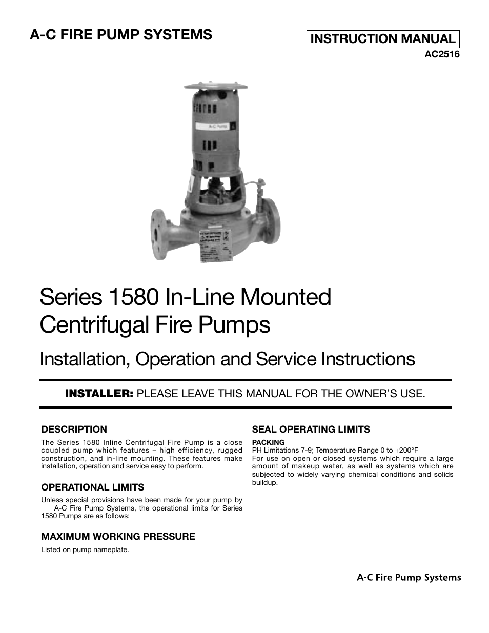 Xylem 1580 Series In-Line Mounted Centrifugal Fire Pumps AC2516 User Manual | 8 pages