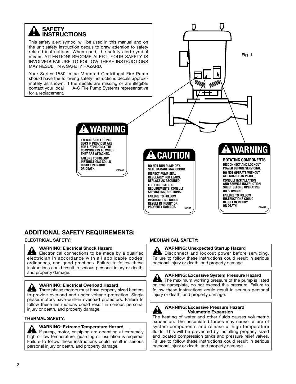 Caution, Warning, Safety instructions | Additional safety requirements | Xylem 1580 Series In-Line Mounted Centrifugal Fire Pumps AC2516 User Manual | Page 2 / 8