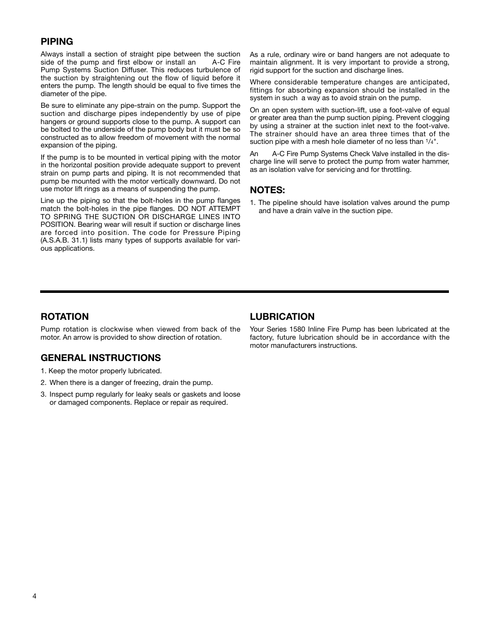 Piping, Rotation, General instructions | Lubrication | Xylem 1580 Series In-Line Mounted Centrifugal Fire Pumps AC2516 User Manual | Page 4 / 8