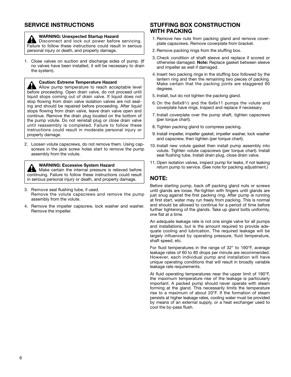 Service instructions, Stuffing box construction with packing | Xylem 1580 Series In-Line Mounted Centrifugal Fire Pumps AC2516 User Manual | Page 6 / 8