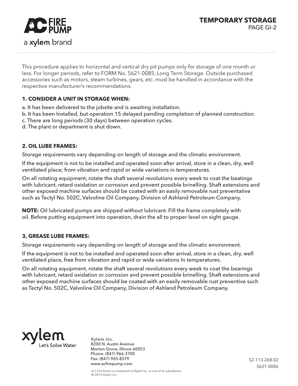 Xylem A-C Fire Pump Temporary Storage of Equipment – GI-2 User Manual | 1 page