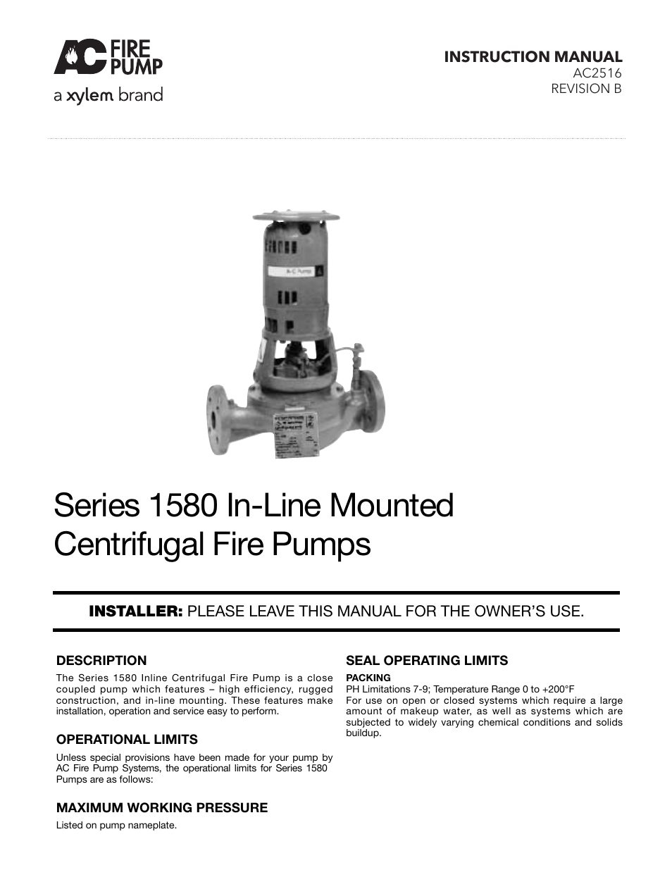 Xylem 1580 Series In-Line Mounted Centrifugal Fire Pumps AC2516 REV.B User Manual | 8 pages