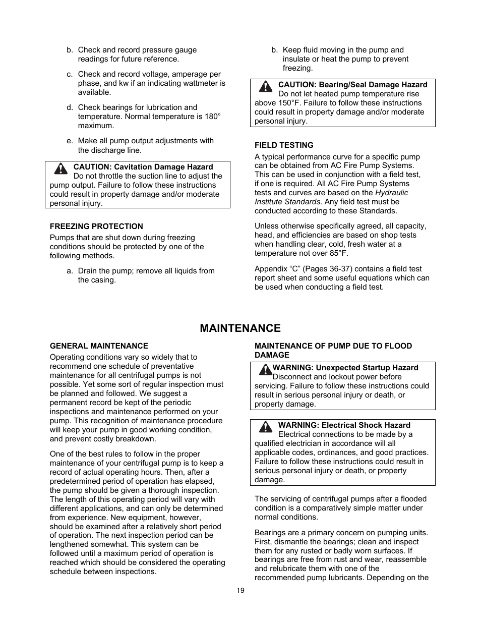 Maintenance | Xylem 8200 Series Base Mounted Centrifugal Fire Pumps AC2675 REV.C User Manual | Page 19 / 38