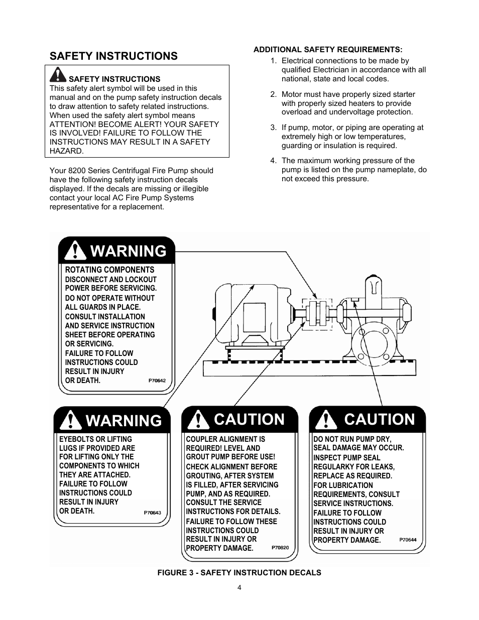 Warning, Caution, Caution warning | Safety instructions | Xylem 8200 Series Base Mounted Centrifugal Fire Pumps AC2675 REV.C User Manual | Page 4 / 38