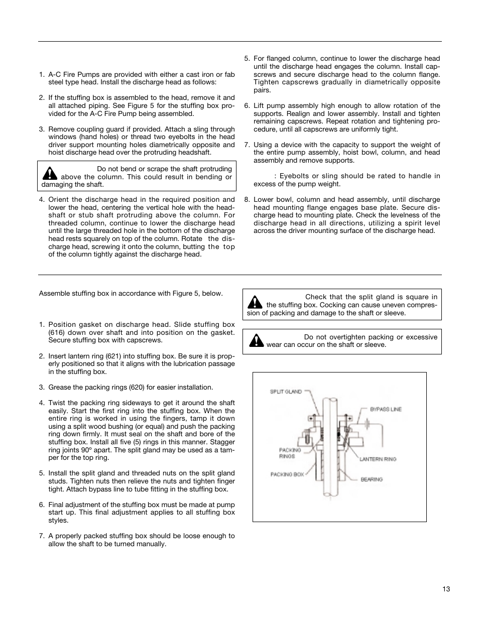 Installing the discharge head, Stuffing box installation | Xylem A-C Fire Pump – Vertical Turbine Fire Pump AC8499 User Manual | Page 13 / 28