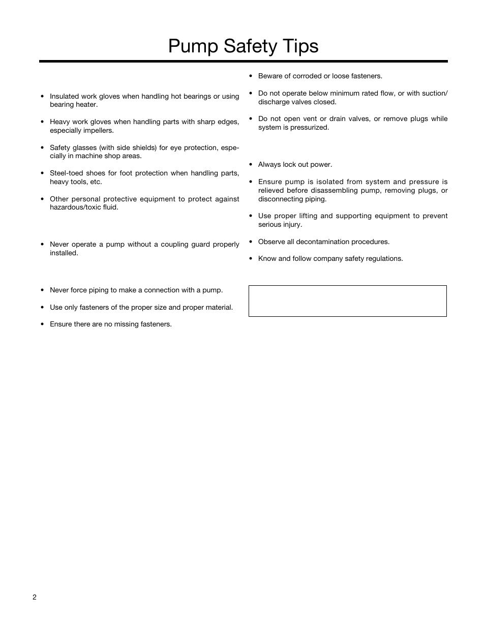 Pump safety tips | Xylem A-C Fire Pump – Vertical Turbine Fire Pump AC8499 User Manual | Page 2 / 28