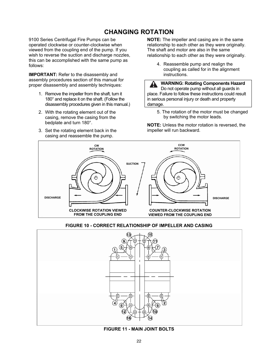 Changing rotation | Xylem 9100 Series Base Mounted Centrifugal Fire Pumps AC8585 REV.C User Manual | Page 22 / 37