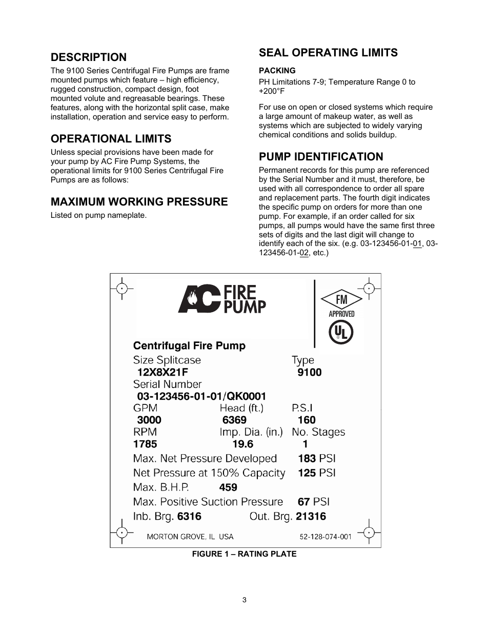 Seal operating limits description, Operational limits, Pump identification | Maximum working pressure | Xylem 9100 Series Base Mounted Centrifugal Fire Pumps AC8585 REV.C User Manual | Page 3 / 37