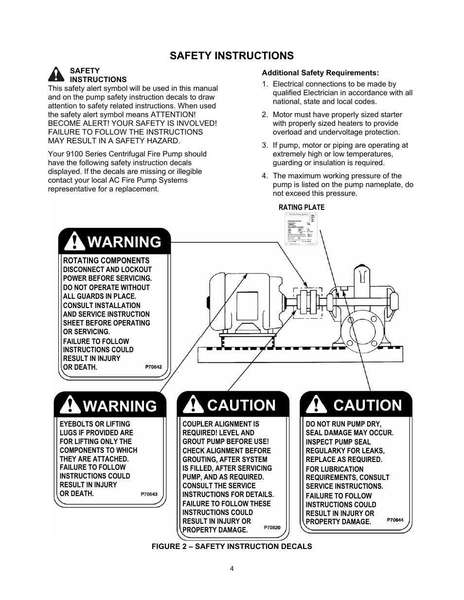 Warning, Caution, Caution warning | Safety instructions | Xylem 9100 Series Base Mounted Centrifugal Fire Pumps AC8585 REV.C User Manual | Page 4 / 37