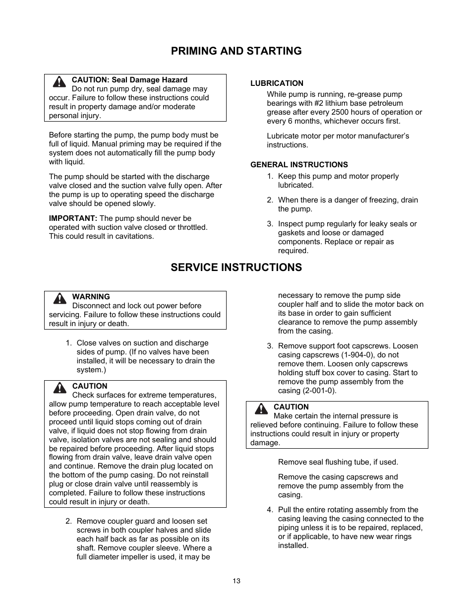 Priming and s r, Ting ta, Service instructions | Xylem 2000 Series Frame Mounted Pumps AC8652 REV.C User Manual | Page 13 / 20