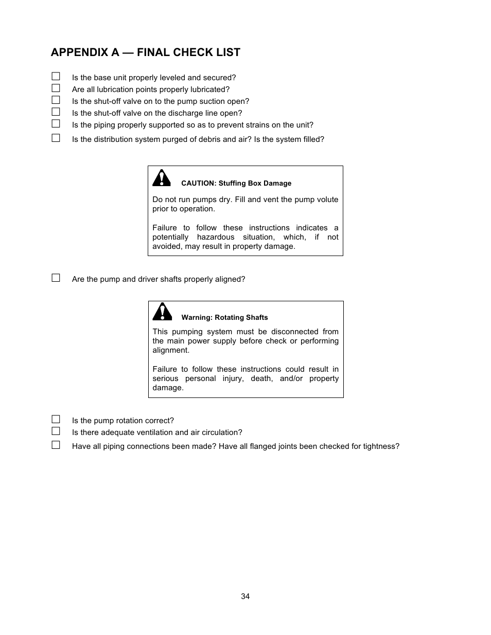 Appendix a — final check list | Xylem 19 001 200 R2 SILENT STORM VFD Pumping System User Manual | Page 36 / 38